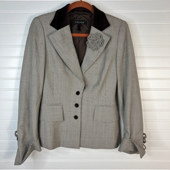 Escada Blazer Houndstooth Blazer Jacket Sz 34 Wool Office Clessic - Picture 1 of 16
